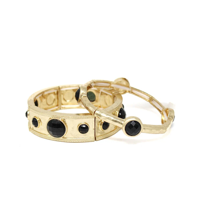 Hammered Gold with Black Circle Stone Accents Stretch Bracelet and Bangle Set of 2 Bracelets