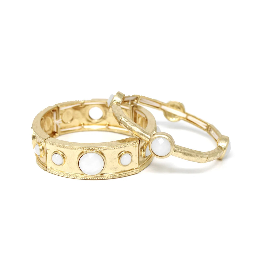 Hammered Gold with Pearl Circle Accents Stretch Bracelet and Bangle Set of 2 Bracelets