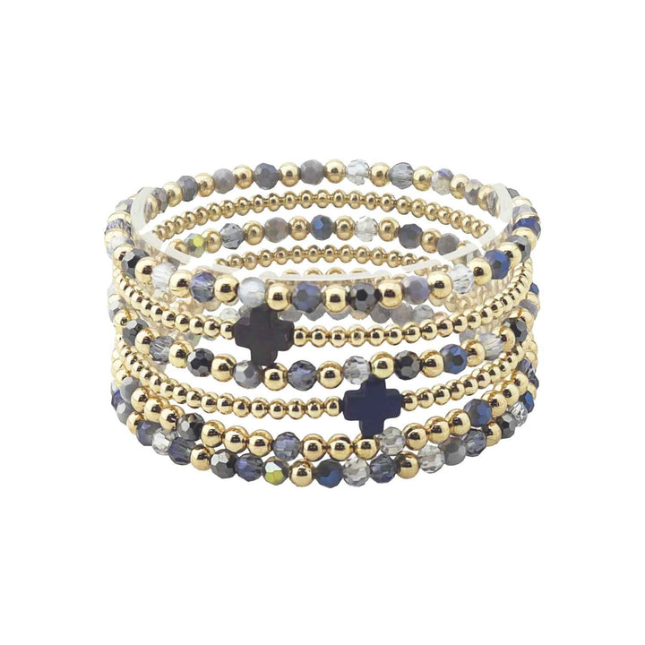 Navy Multi Crystal with Gold and Cross Set of 6 Stretch Bracelets