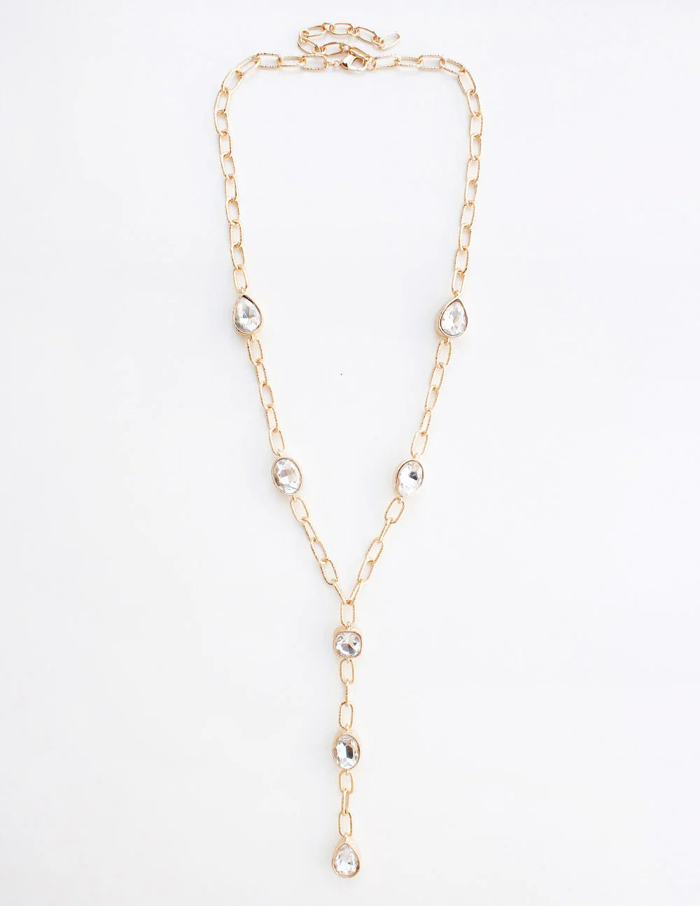 Gold Chain with Open Clear Crystal Oval Y Drop Necklace