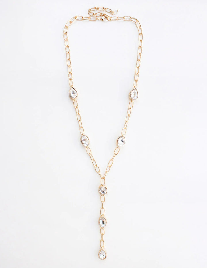 Gold Chain with Open Clear Crystal Oval Y Drop Necklace
