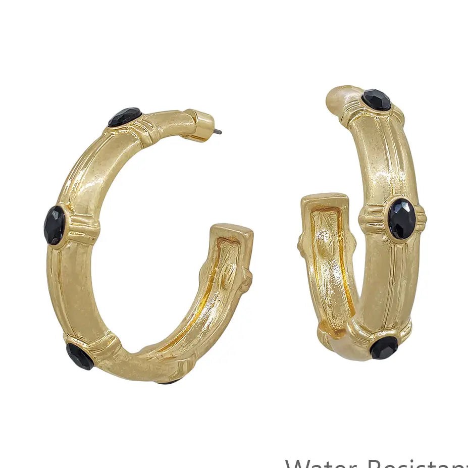 Hammered Hoop with Black Crystal Earring