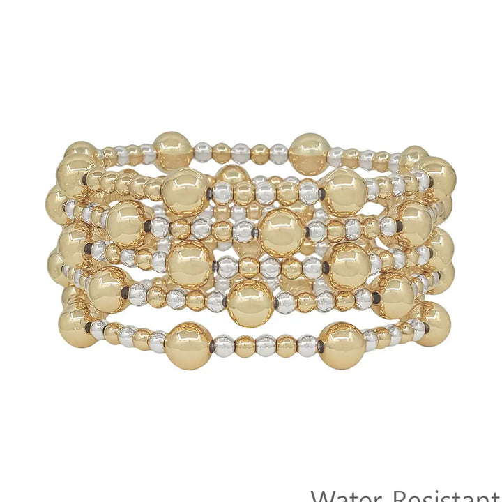 Set of 5 Gold and Silver Beaded Stretch Bracelets
