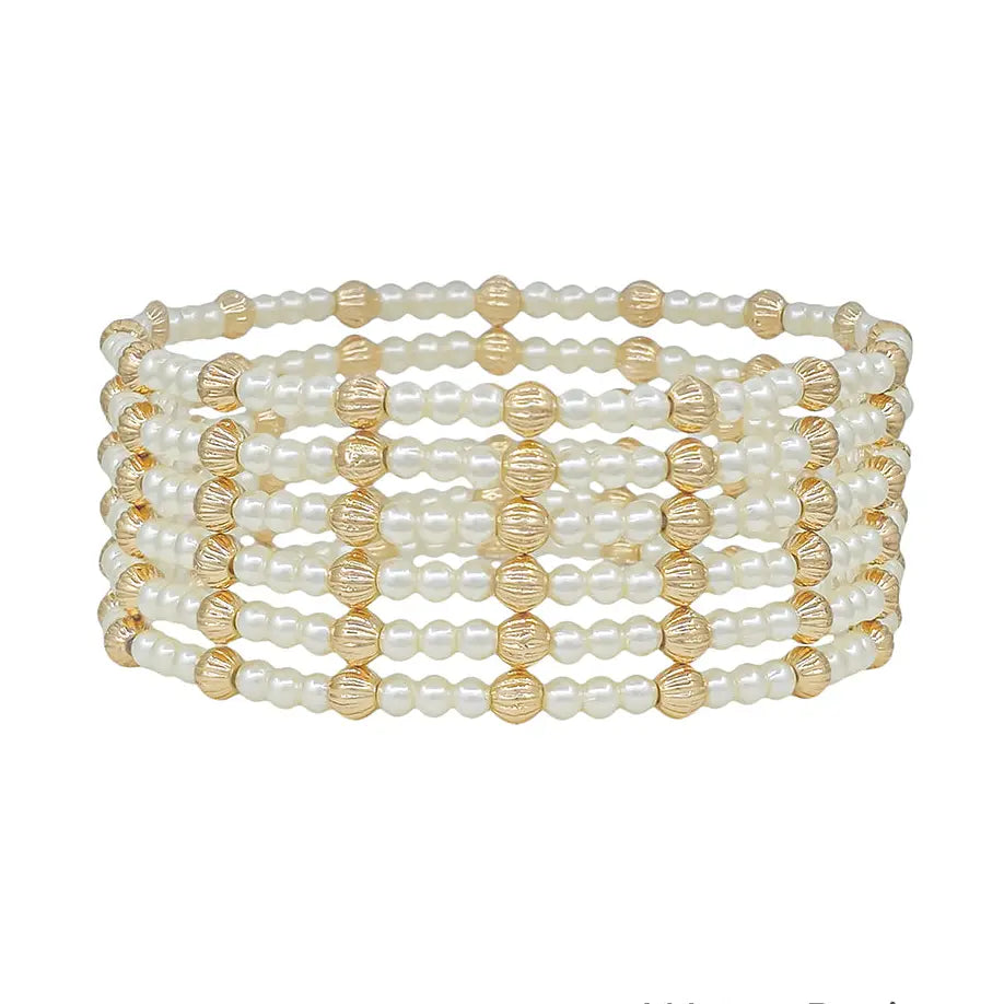 Set of 6 Gold and Pearl Beaded Stretch Bracelets