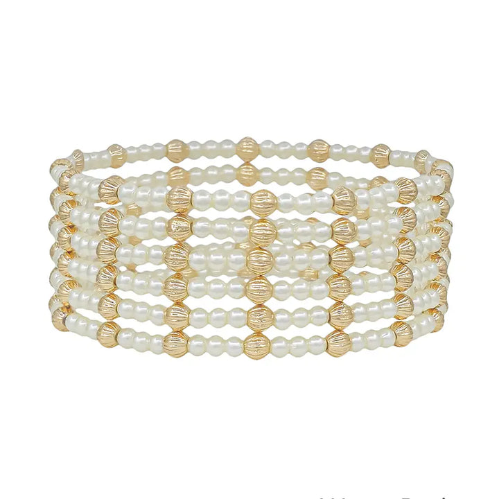 Set of 6 Gold and Pearl Beaded Stretch Bracelets