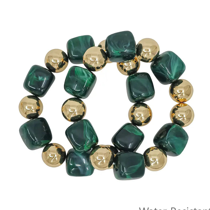 Set of 2 Gold and Emerald Green Stretch Bracelets