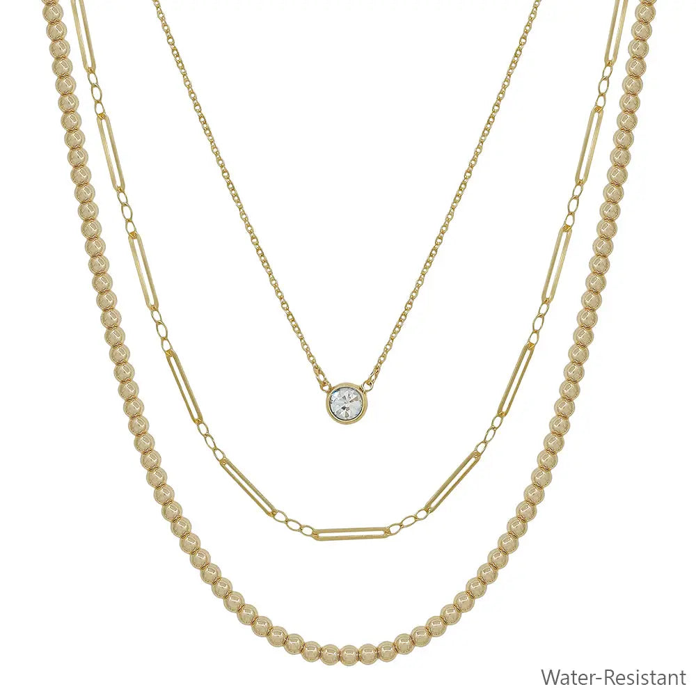 Triple Layered Beaded and Thin Chain with Crystal Necklace