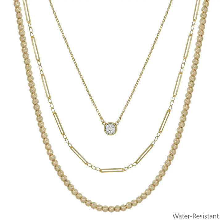 Triple Layered Beaded and Thin Chain with Crystal Necklace