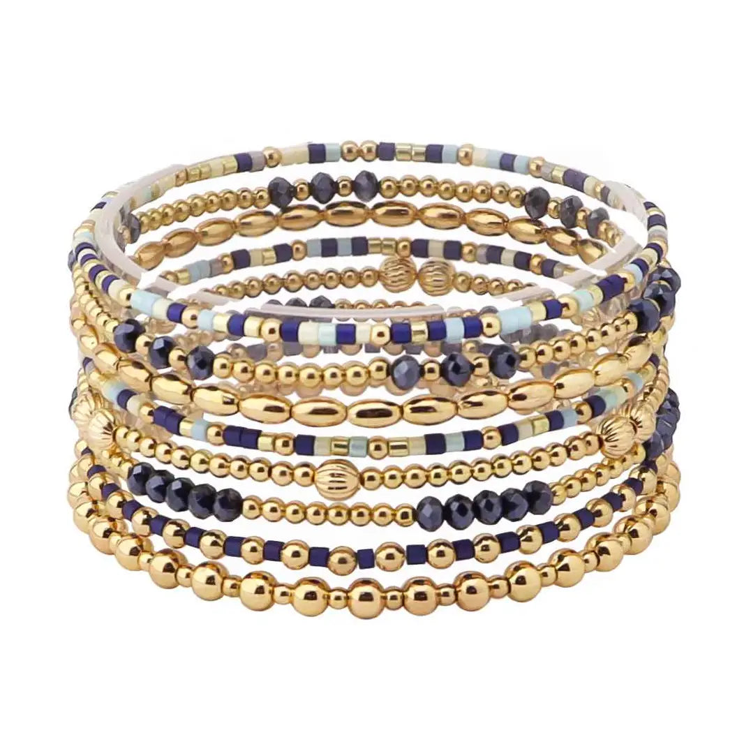 Set of 8 Navy Seed Bead & Crystal and Gold Stretch Bracelet