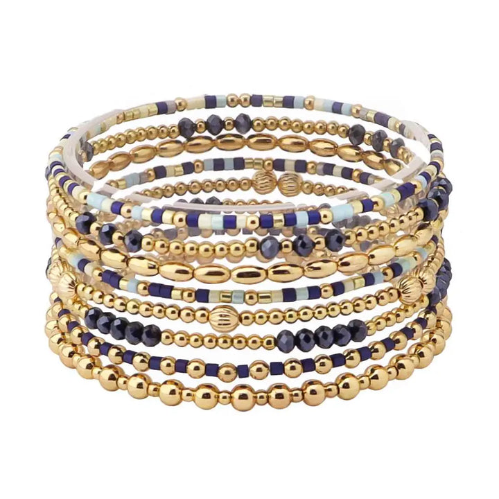 Set of 8 Navy Seed Bead & Crystal and Gold Stretch Bracelet