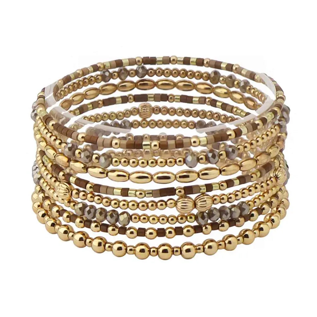 Set of 8 Brown Seed Bead & Crystal and Gold Stretch Bracelet