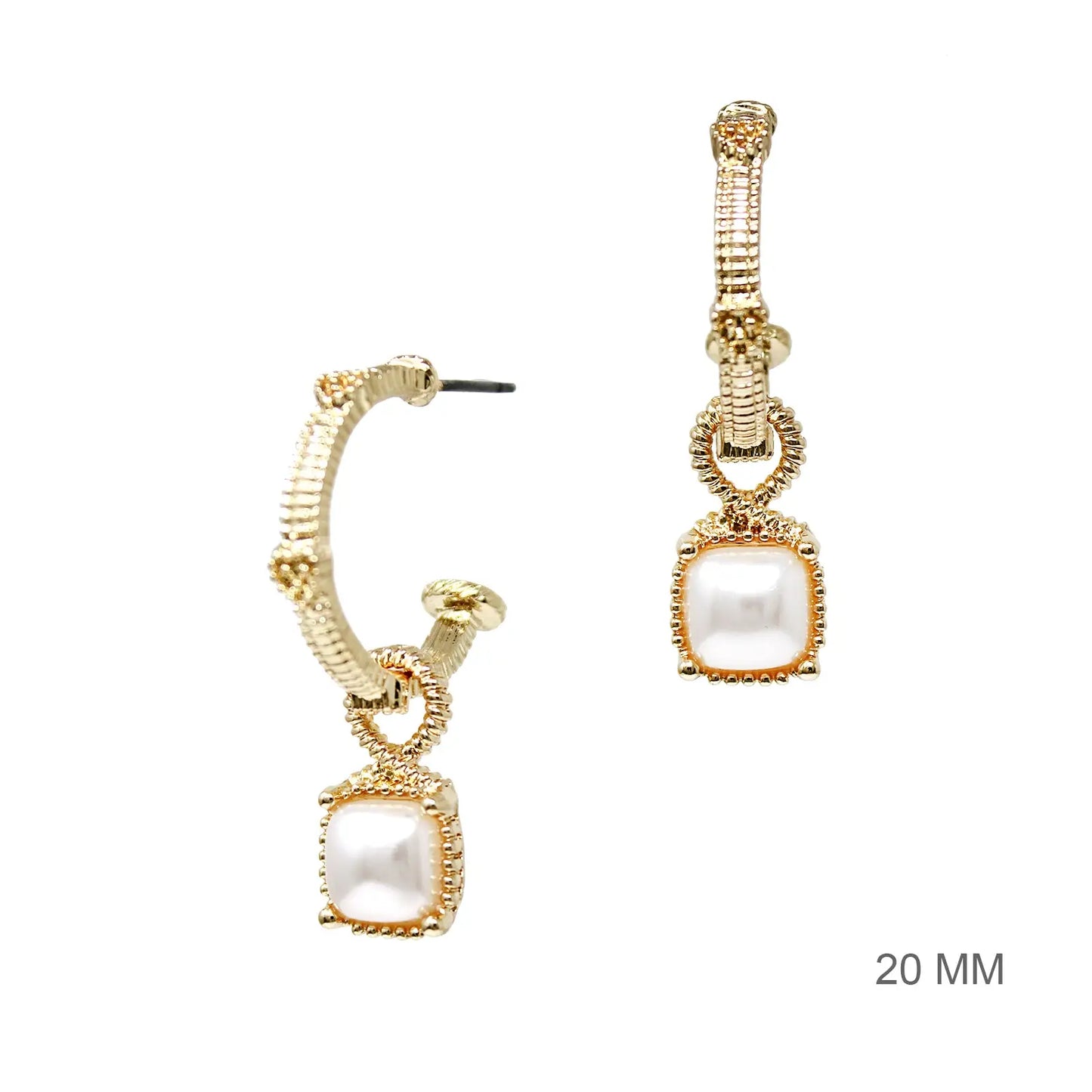 Gold Ribbed Hoop with Pearl Stone Earring