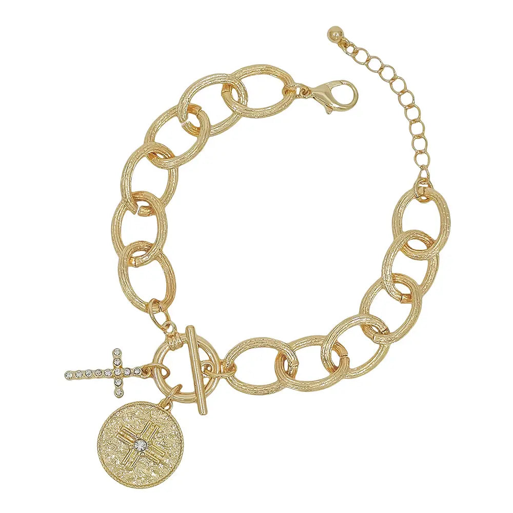 Chunky Gold Chain with Rhinestone and Coin Cross Charms Bracelet