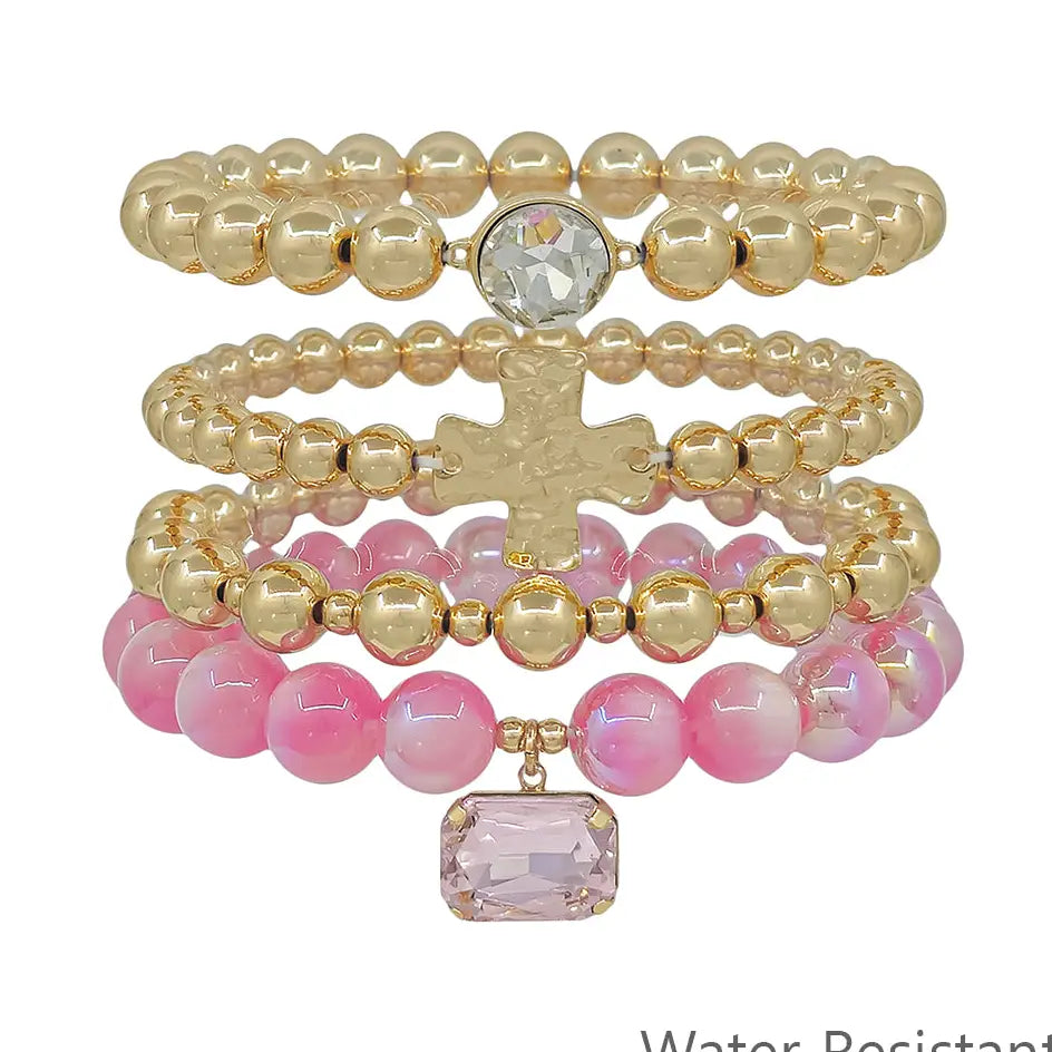 Set of 4 Cross and Pink Crystal Beaded Stretch Bracelets