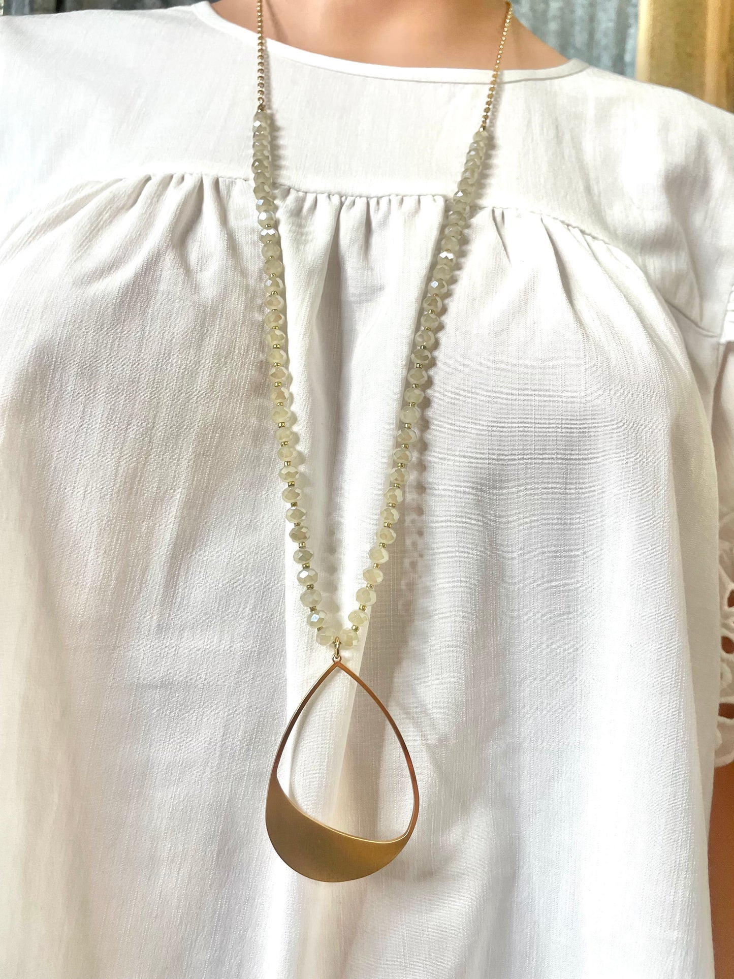 Natural Beaded Asymmetrical Teardrop Neck