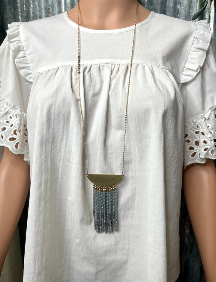 Shiny Grey Beaded Fringe Necklace