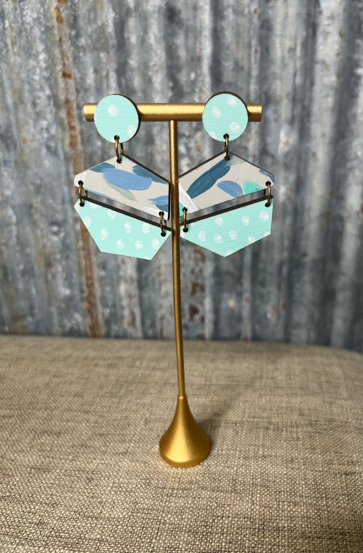 Blue Wooden Hexagon Earrings