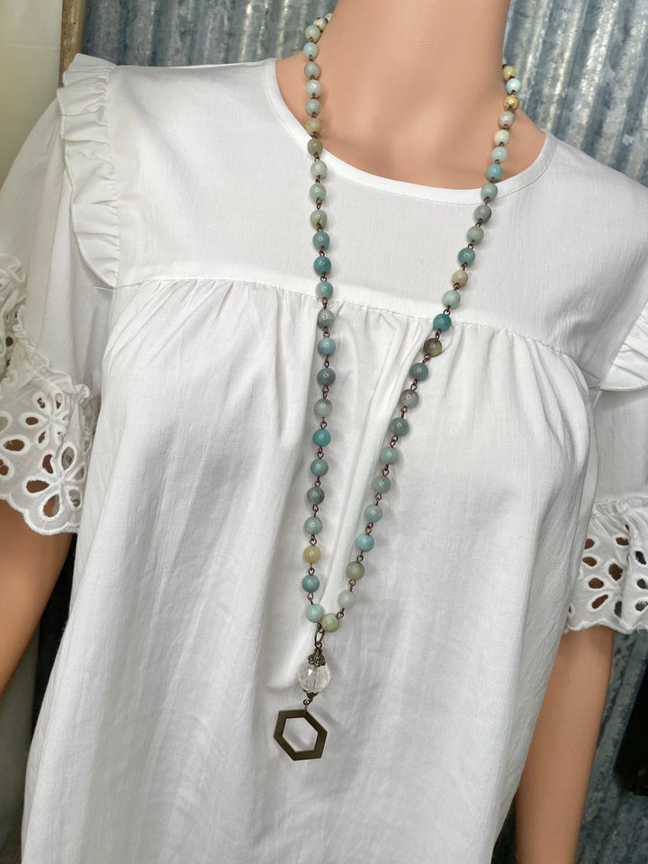 Aqua Beaded Hexagon Necklace