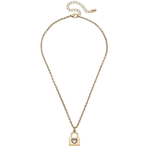 Joelle Pavé Heart Padlock Necklace in Worn Gold