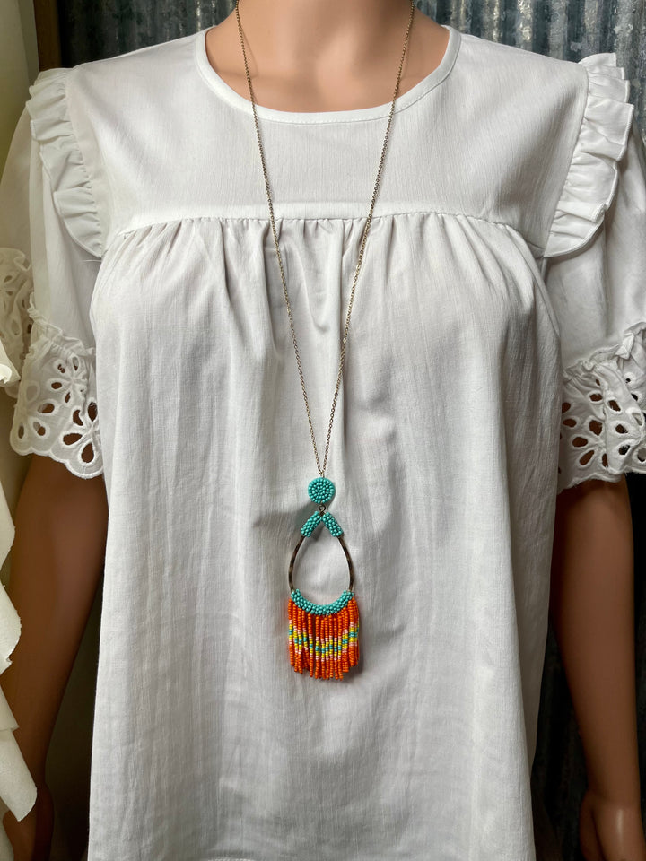 Blue & Orange Beaded Teardrop Fringe Necklace