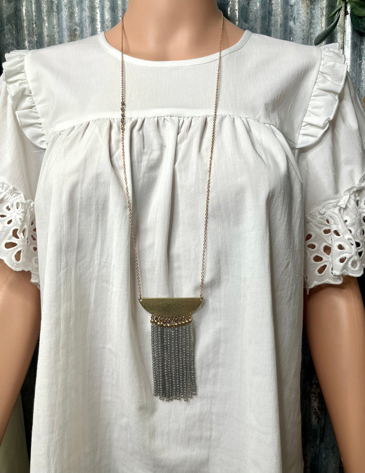 Matte Grey Beaded Fringe Necklace