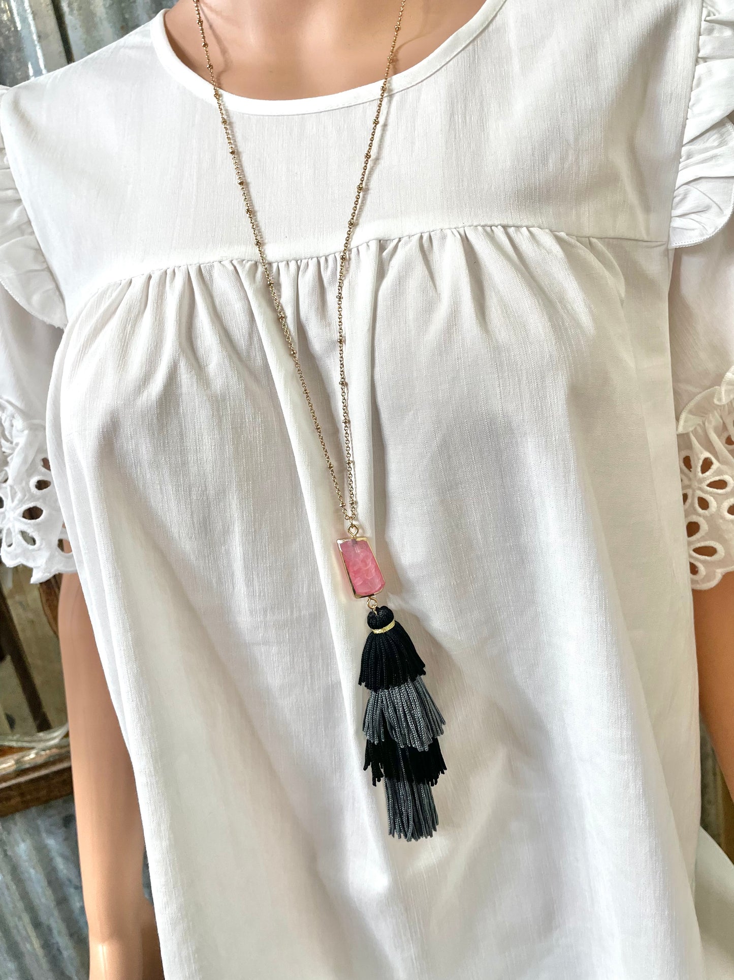 Black & Grey Fringe Necklace with Pink Stone