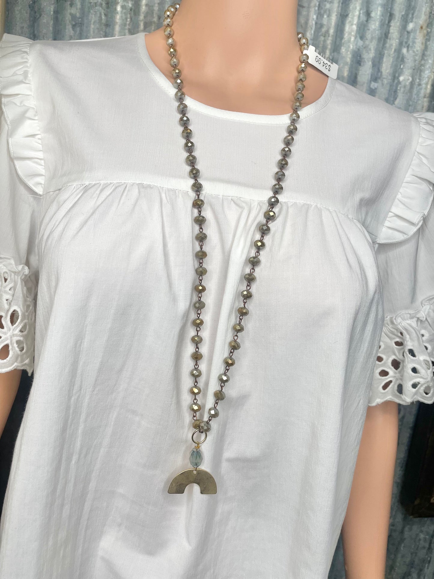 Taupe Beaded Necklace with Rainbow Pendant