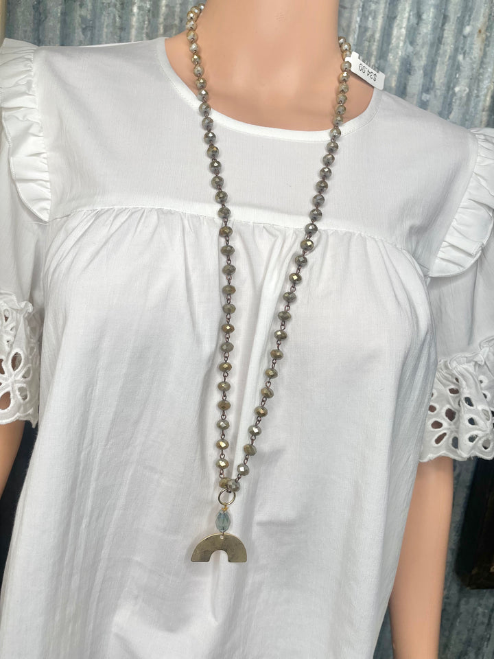 Taupe Beaded Necklace with Rainbow Pendant