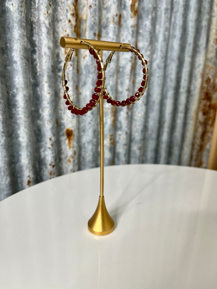 Maroon Beaded Hoops