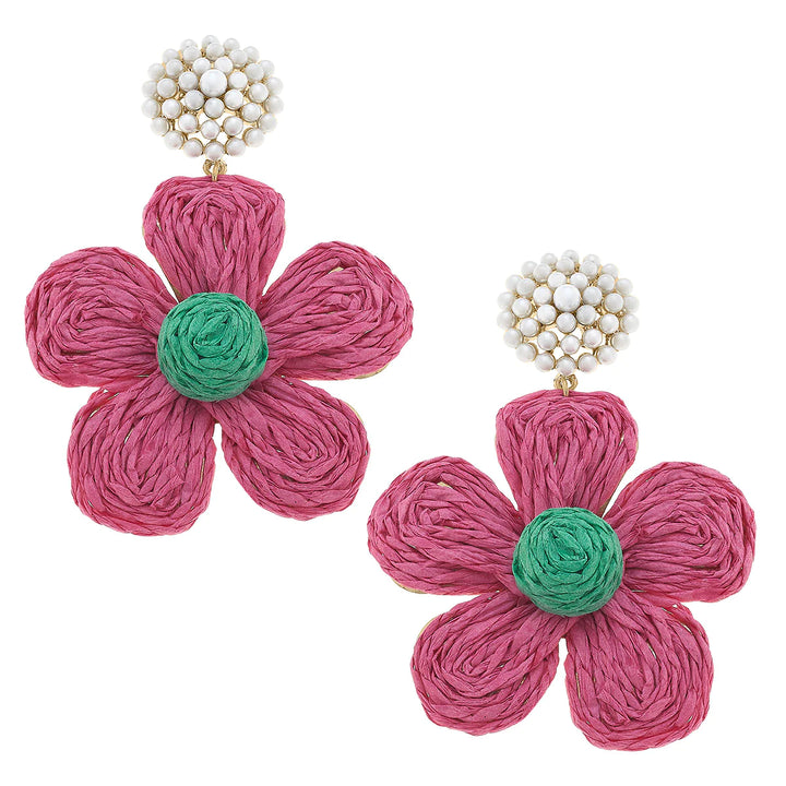 Claire Raffia Flower Pearl Drop Earrings