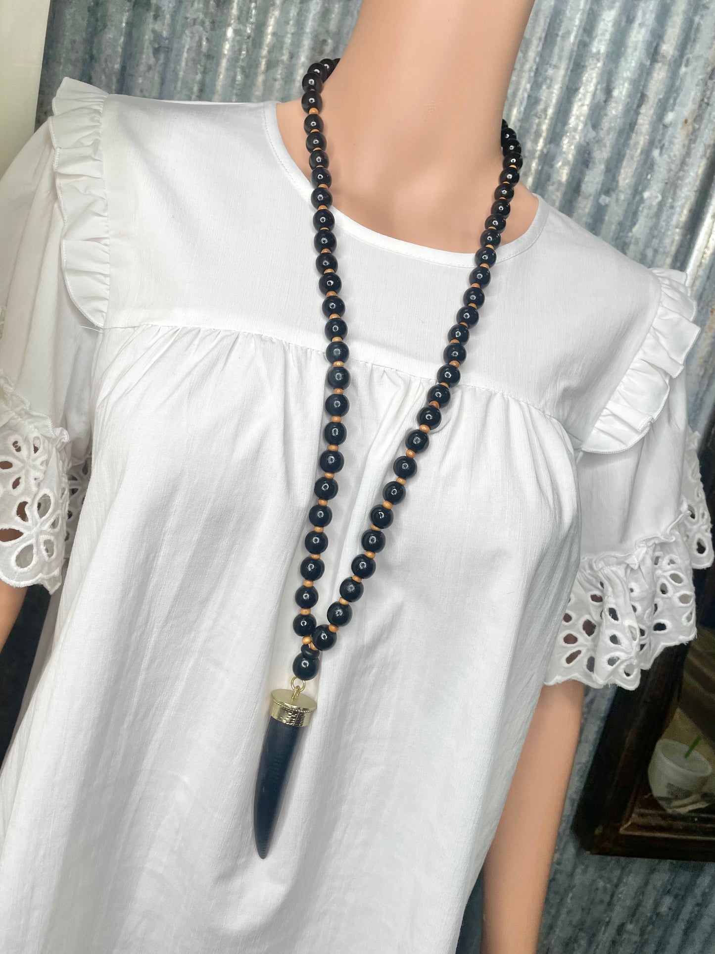 Wood Beaded Horn Necklace
