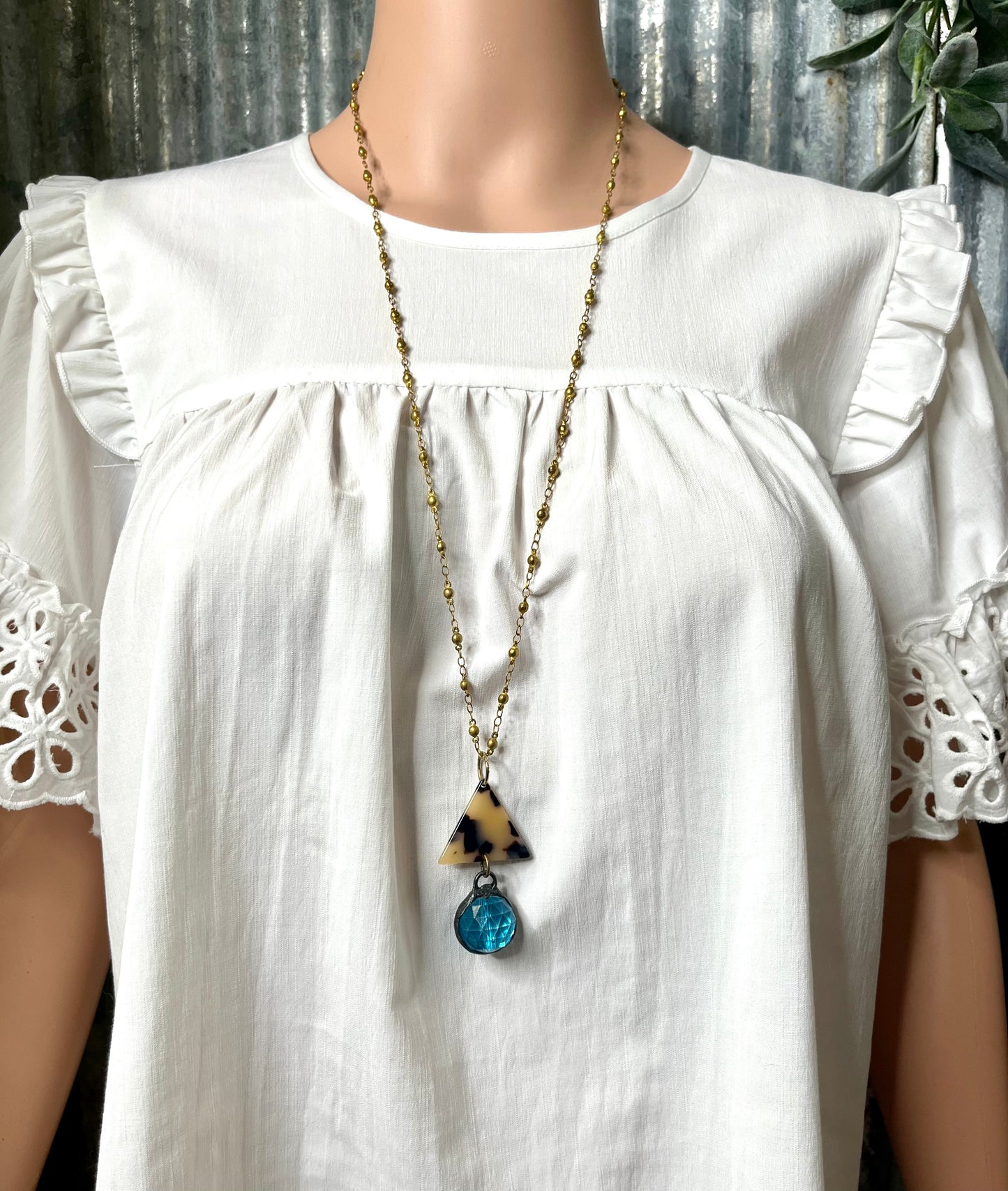 Tortoise Triangle Necklace with Blue Crystal Ball