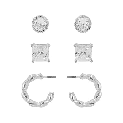 Silver Set of Three Rhinestone and Huggie Hoop Stud Set