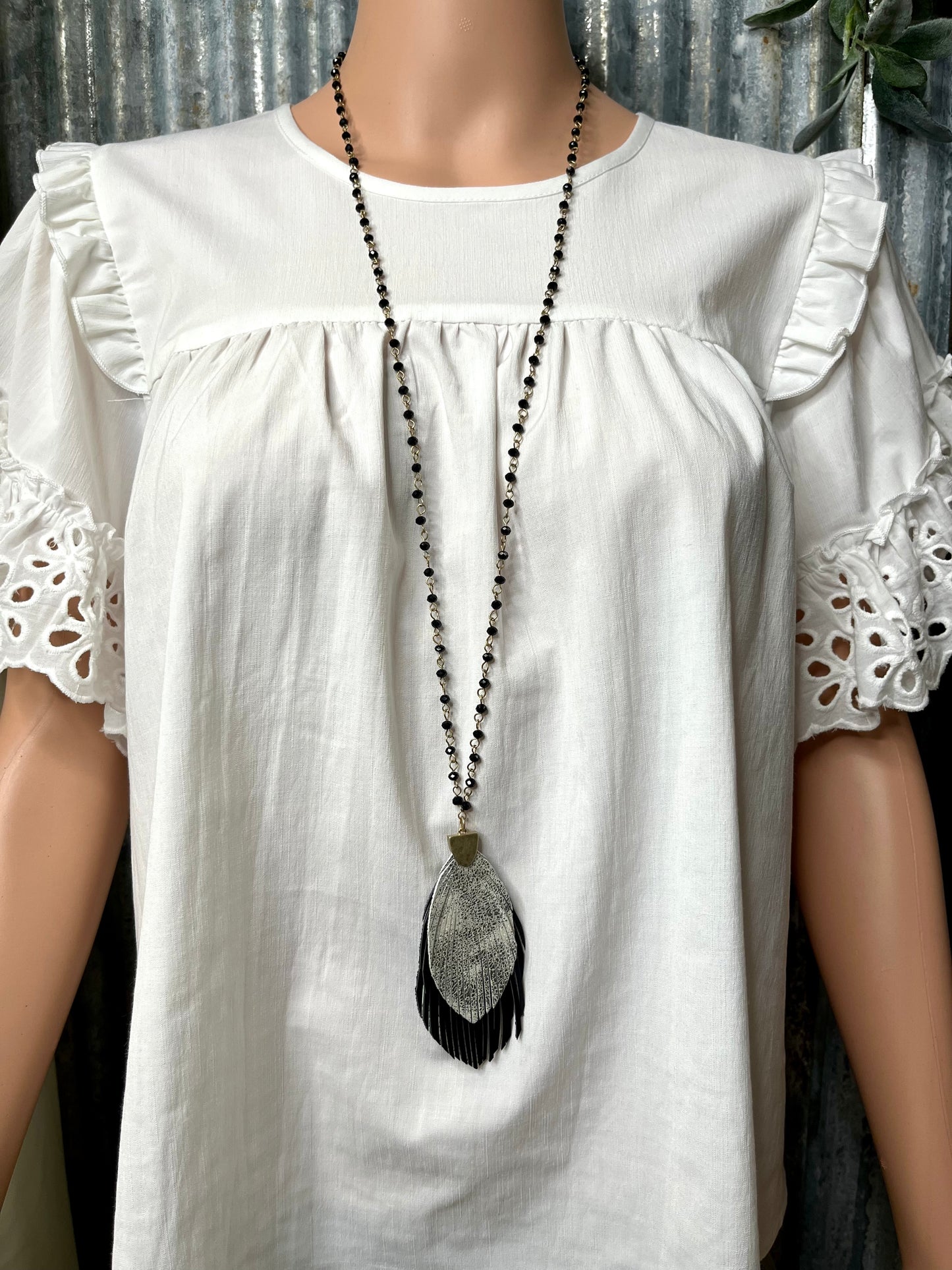 Silver & Black Leather Feather Beaded Necklace