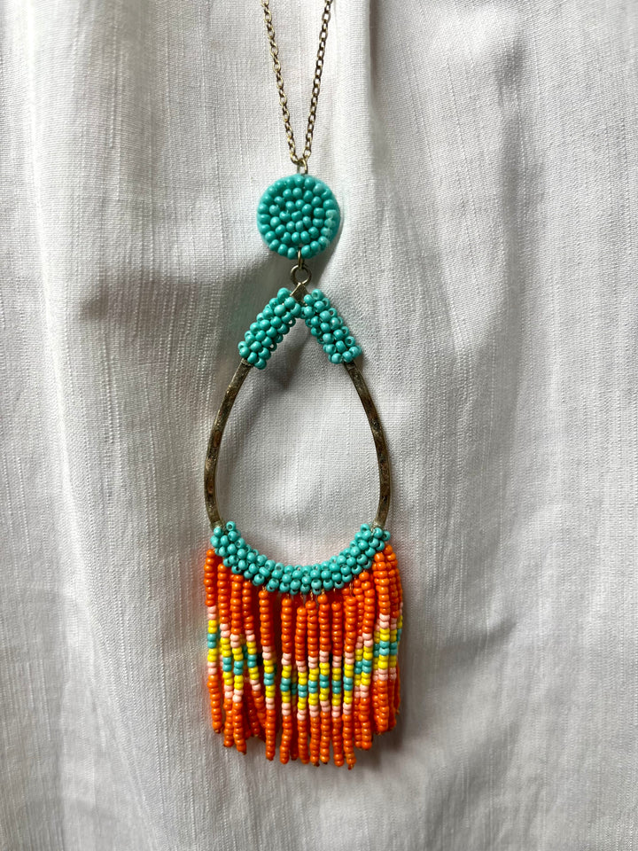 Blue & Orange Beaded Teardrop Fringe Necklace
