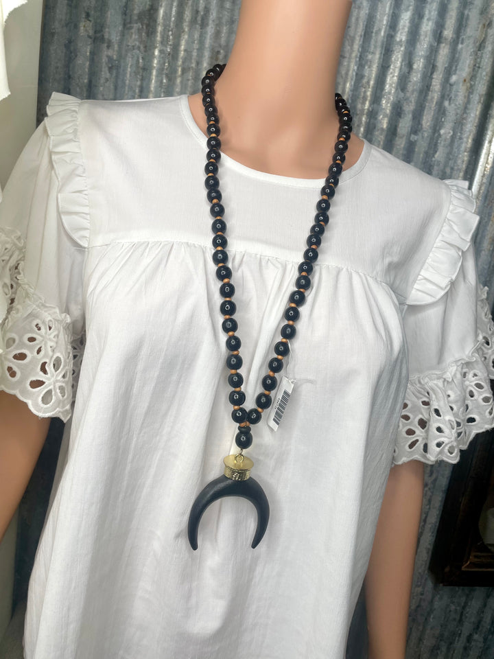 Black Wood Beaded Double Horn Necklace