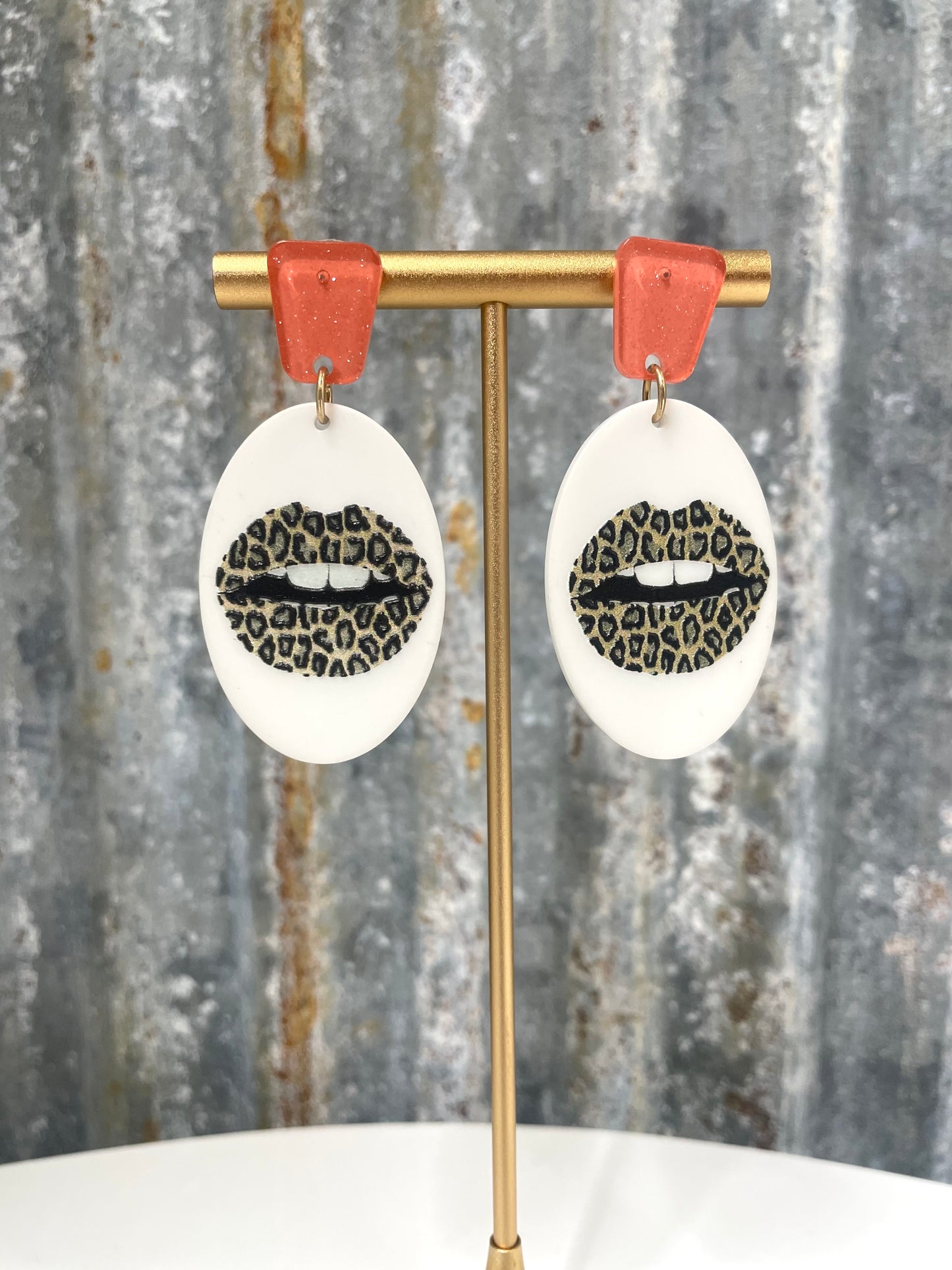 Coral Cheetah Lips Earrings