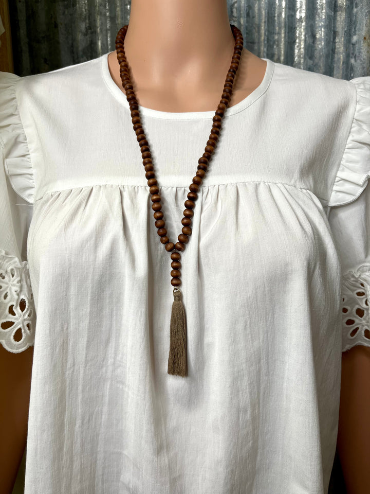 Brown Wood Bead Tassel Necklace