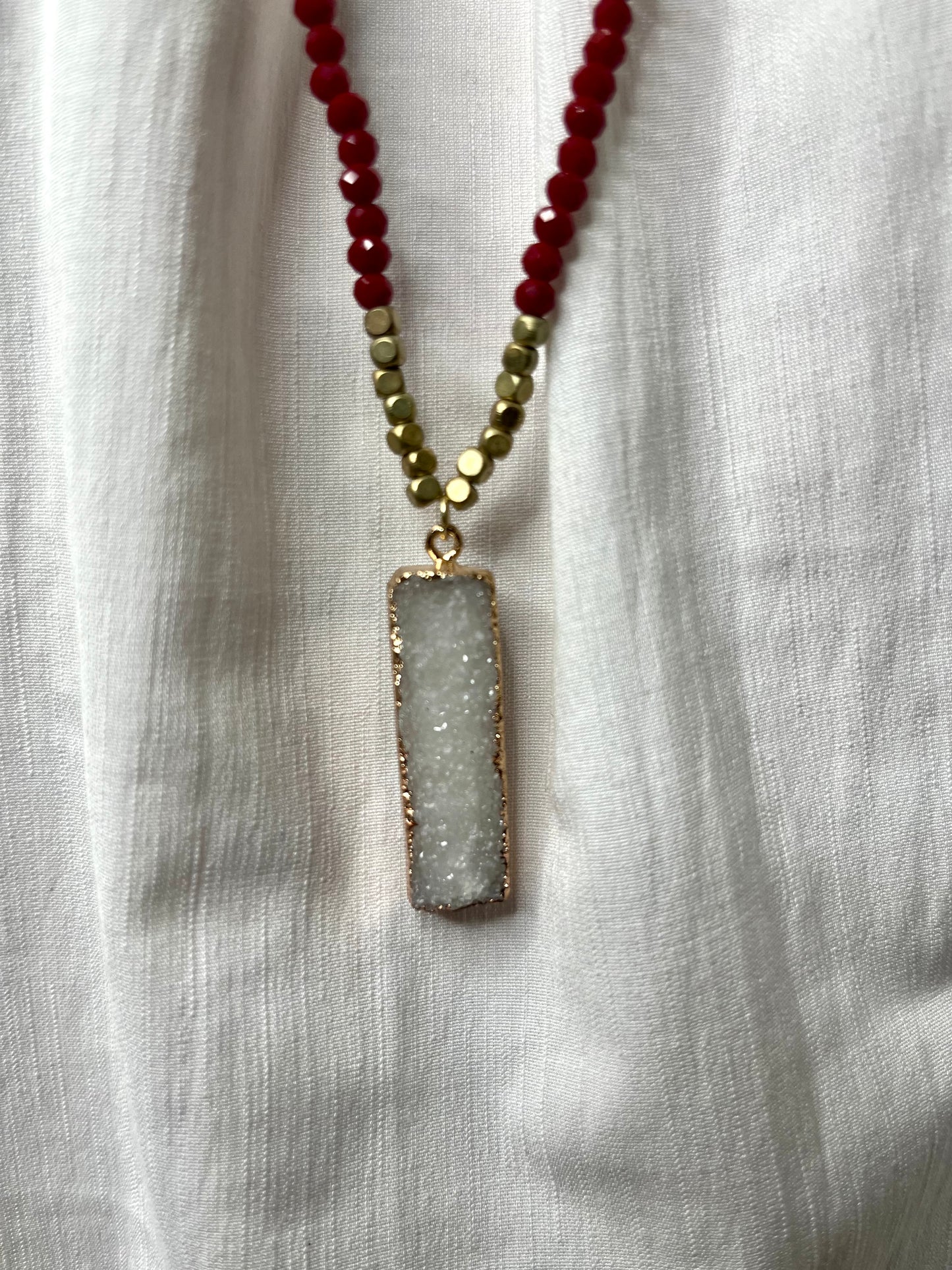 Dark Red Beaded Necklace with Stone Pendant