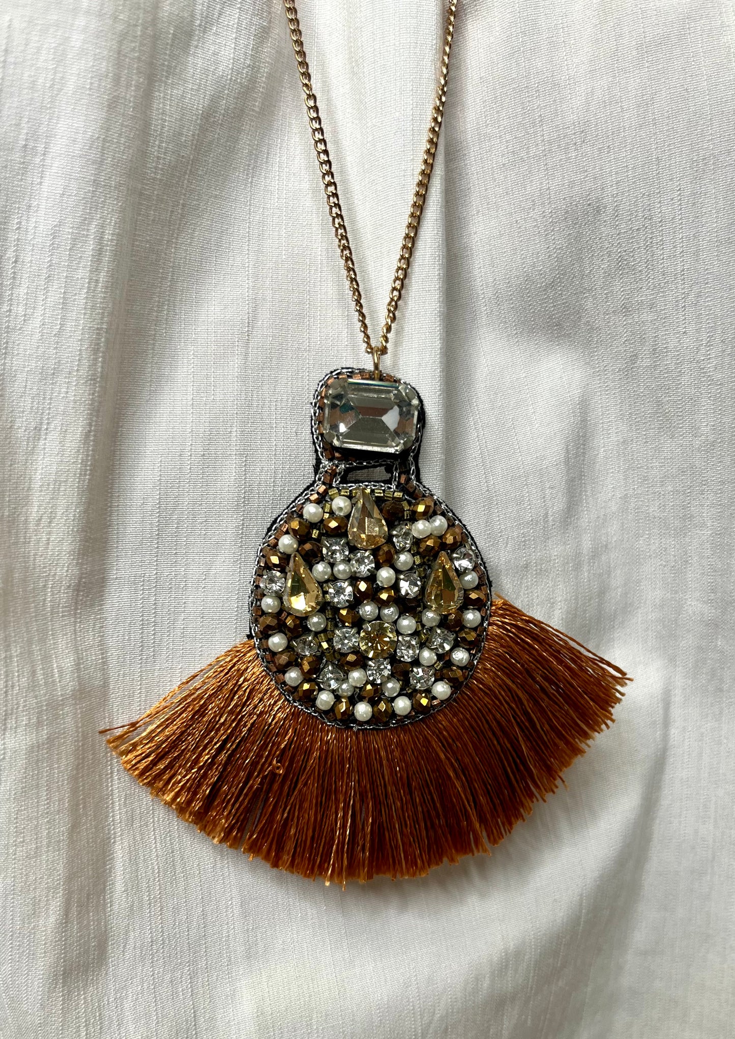 Brown Studded Tassel Necklace