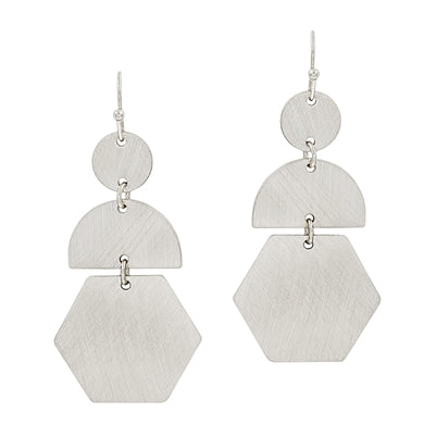 Brushed Silver Three Drop Hexagon 1.75" Earring