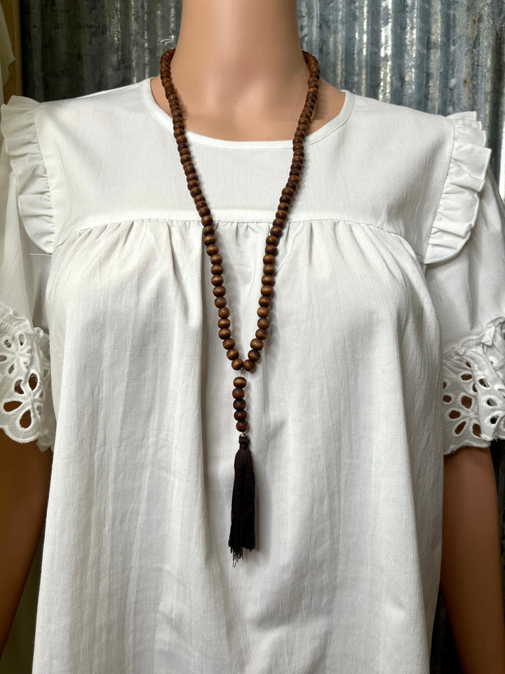 Brown Wood Beaded Necklace with Dark Brown Tassel