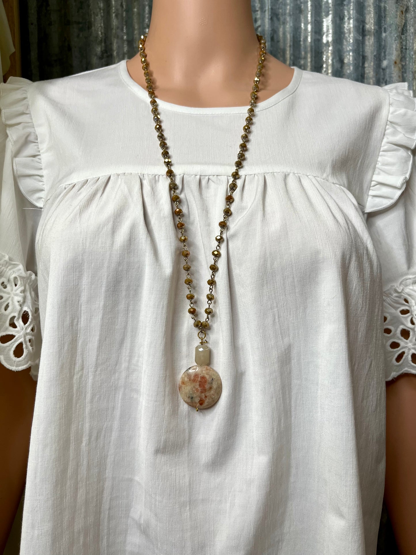 Bronze Beaded Necklace with Stone Pendant
