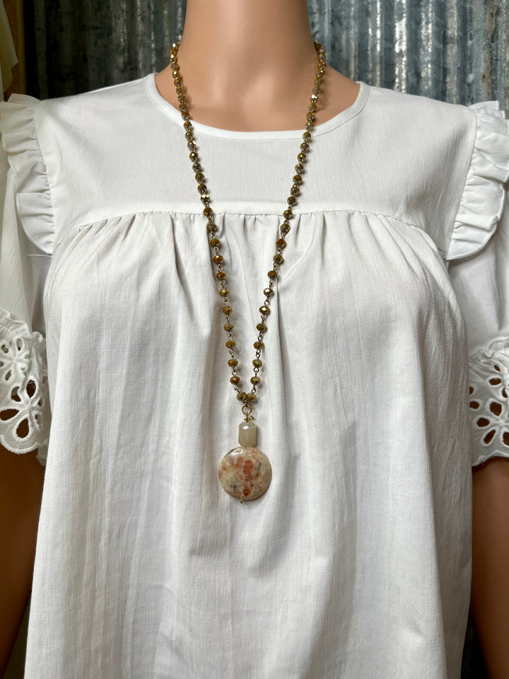 Bronze Beaded Necklace with Stone Pendant