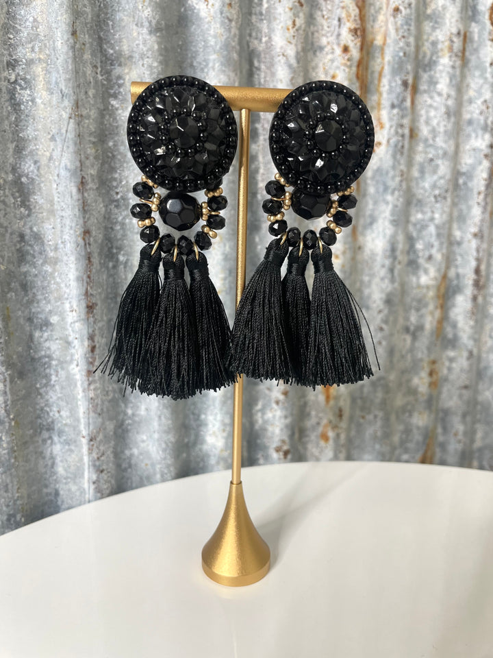 Beaded Black Fringe Earrings