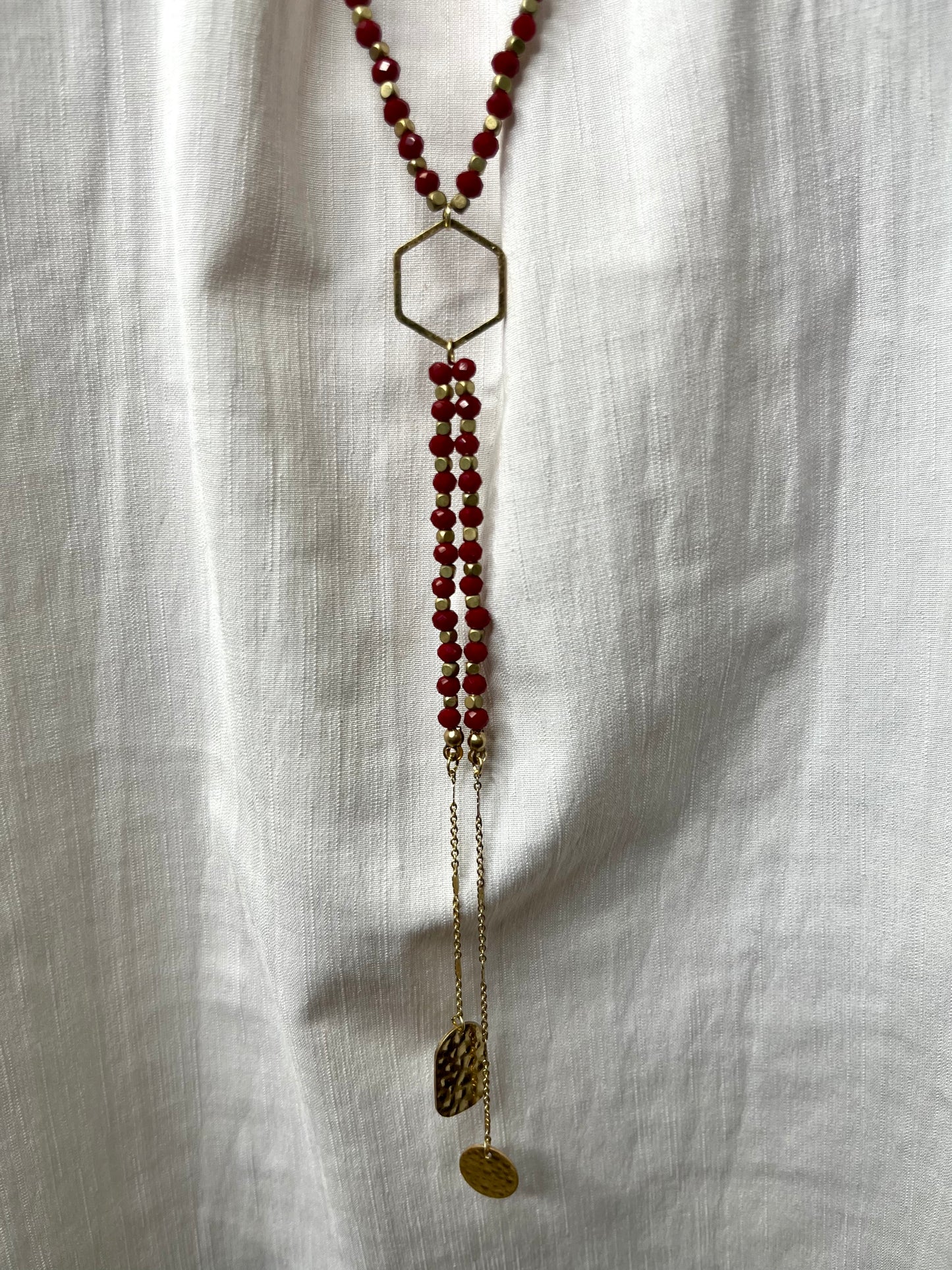 Dark Red Hexagon Dangle Necklace
