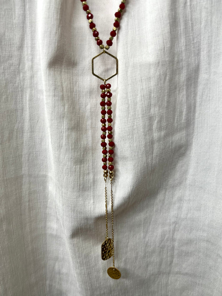 Dark Red Hexagon Dangle Necklace