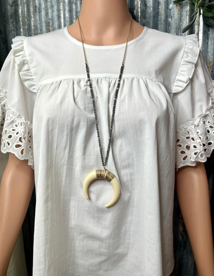 Grey Beaded Necklace with Horn Pendant