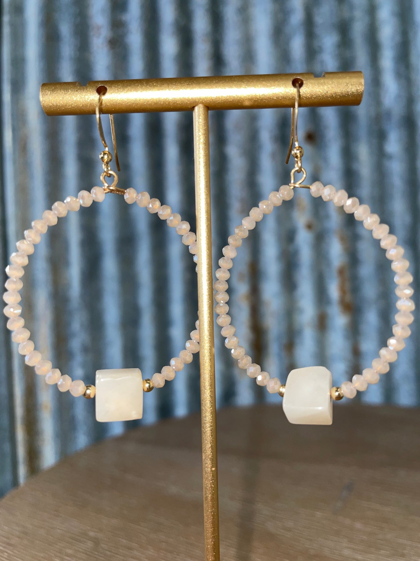 Pink beaded hoop earring with square