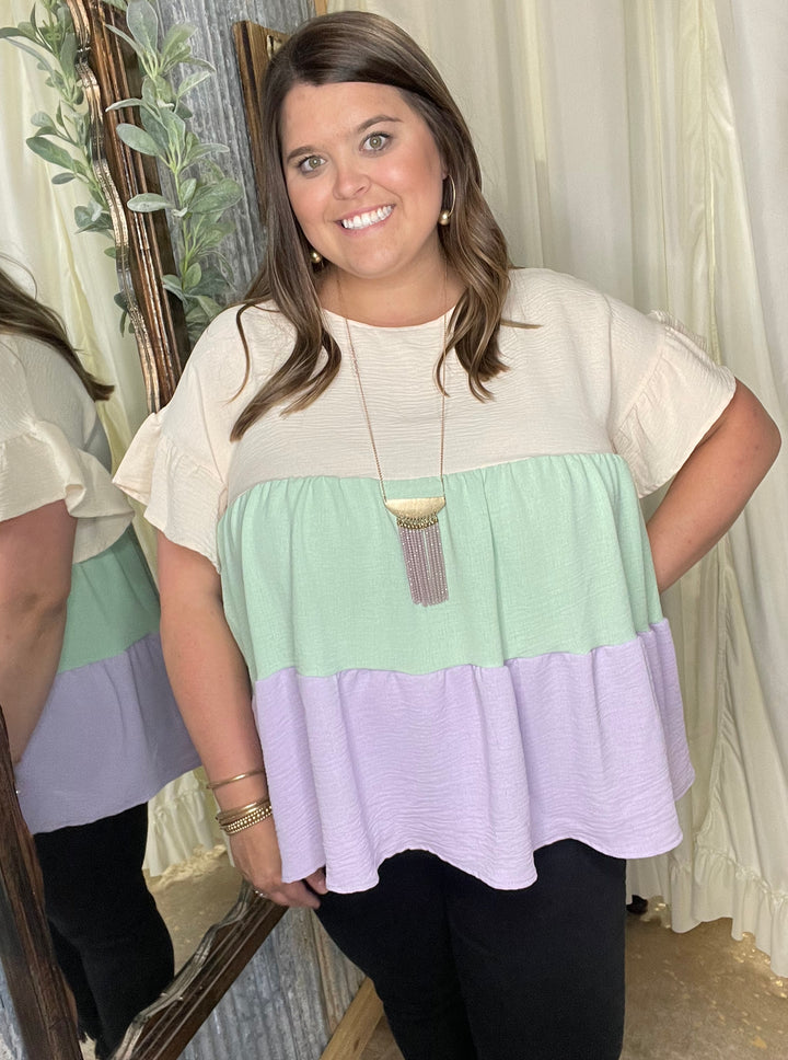 Plus Sage/Lavender Color Block Top